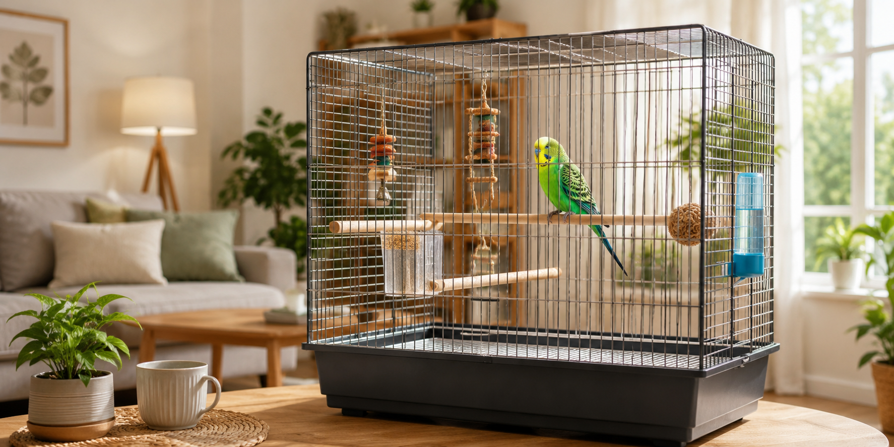 Budgie που κοιτά μέσα στο ανοιχτό κλουβί του