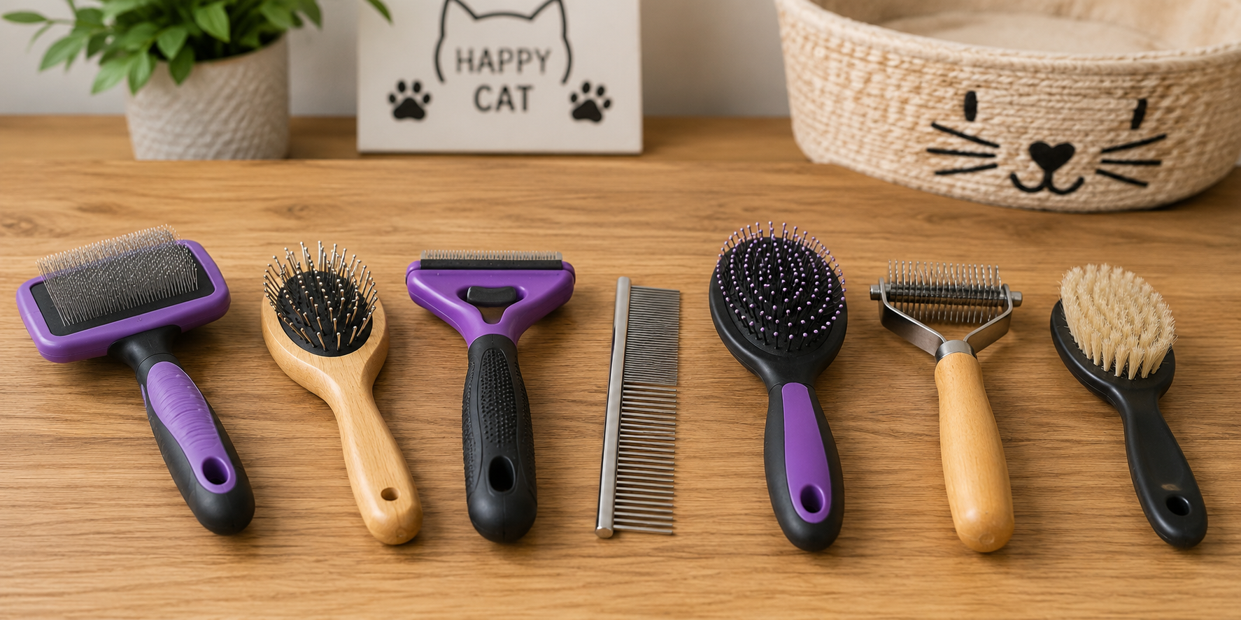 Γάτα με εργαλεία grooming — βούρτσα και χτένα