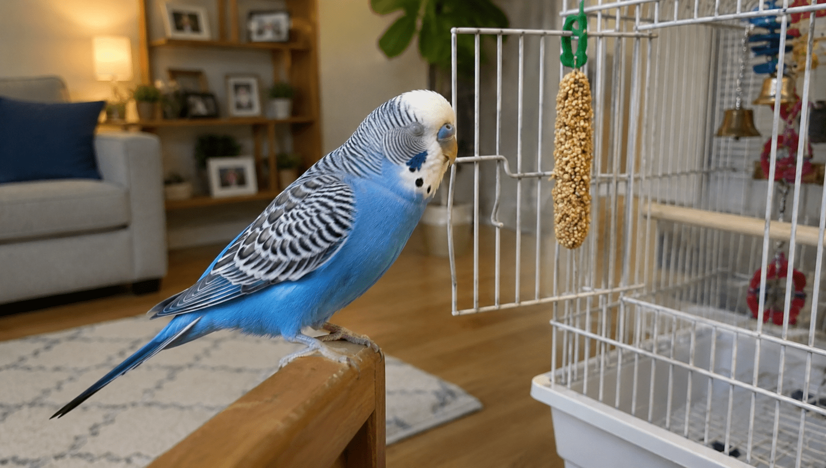 Ανοιχτό κλουβί budgie με φρέσκια τροφή μέσα