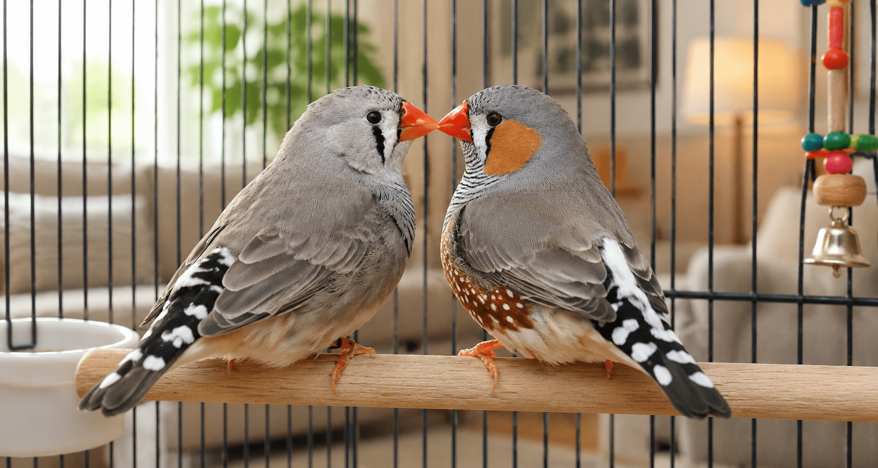 Ζευγάρι από ζεμπράκια (zebra finches) σε κλαδί μέσα σε κλουβί